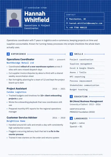 Blueprint CV template preview with a sample CV