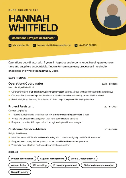 Bold CV template preview with a sample CV