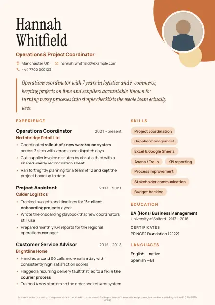 Creative CV template preview with a sample CV