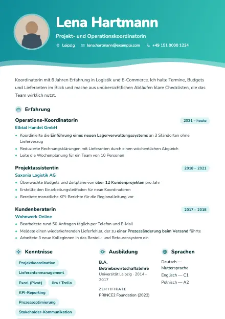 Vorschau der Lebenslauf-Vorlage Aqua mit Beispielinhalt