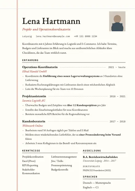 Vorschau der Lebenslauf-Vorlage Ledger mit Beispielinhalt
