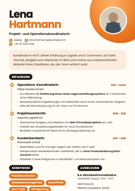 Vorschau der Lebenslauf-Vorlage Tangerine mit Beispielinhalt