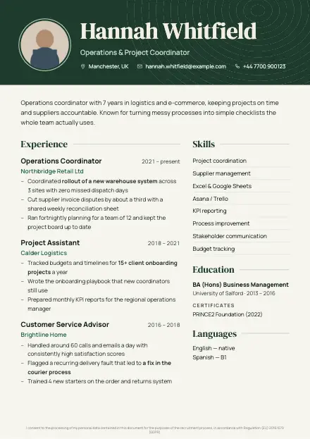 Forest CV template preview with a sample CV