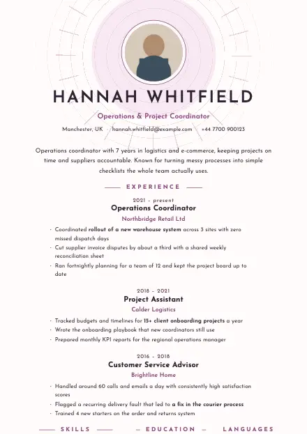 Halo CV template preview with a sample CV