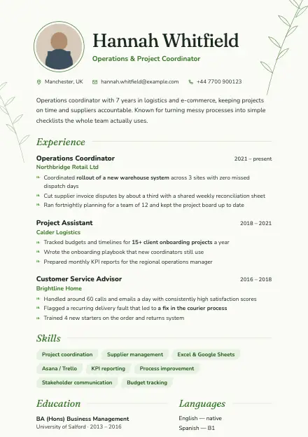 Meadow CV template preview with a sample CV