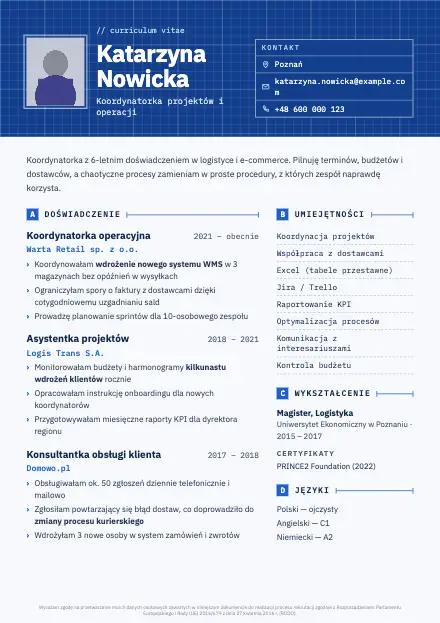 Podgląd wzoru CV Blueprint z przykładowym CV