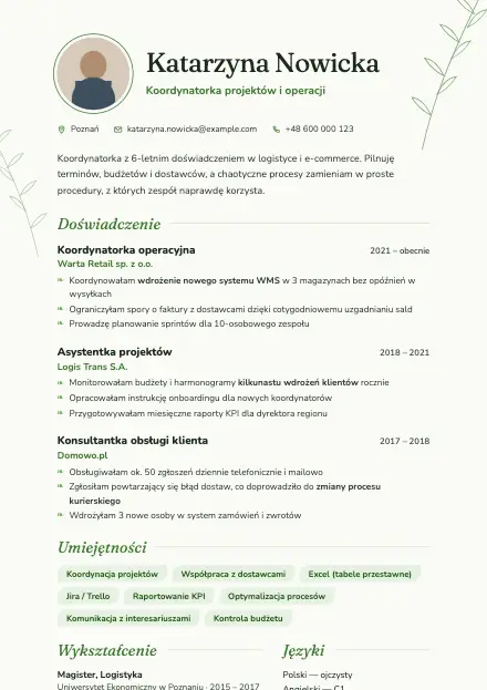 Podgląd wzoru CV Meadow z przykładowym CV
