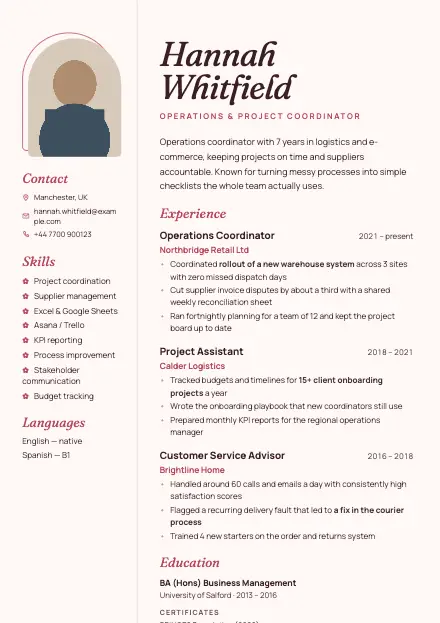 Rose CV template preview with a sample CV