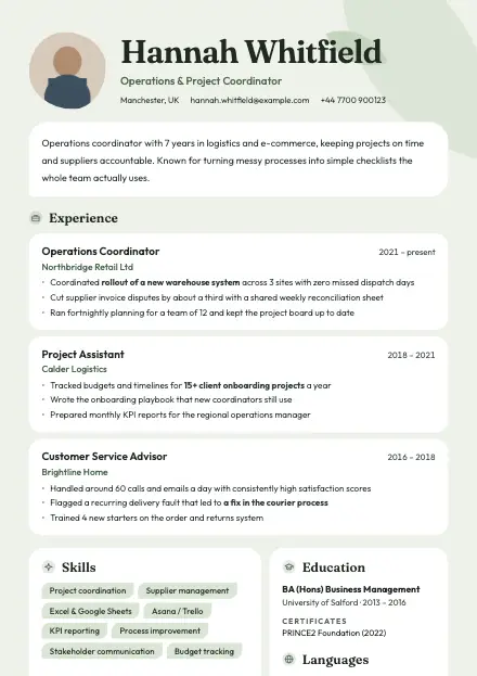 Sage CV template preview with a sample CV