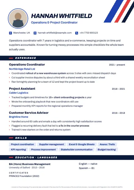 Stripe CV template preview with a sample CV