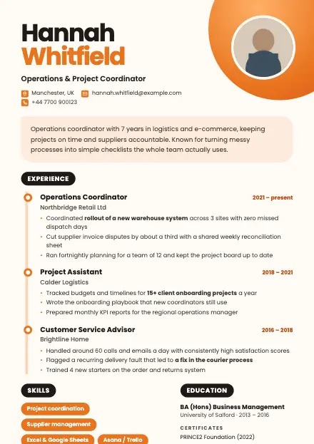Tangerine CV template preview with a sample CV