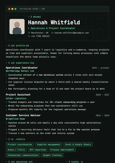 Tech CV template preview with a sample CV