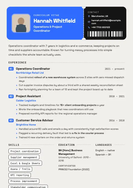 Ticket CV template preview with a sample CV